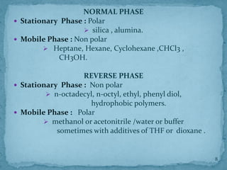 NORMAL PHASE
 Stationary Phase : Polar
➢ silica , alumina.
 Mobile Phase : Non polar
➢ Heptane, Hexane, Cyclohexane ,CHCl3 ,
CH3OH.
REVERSE PHASE
 Stationary Phase : Non polar
➢ n-octadecyl, n-octyl, ethyl, phenyl diol,
hydrophobic polymers.
 Mobile Phase : Polar
➢ methanol or acetonitrile /water or buffer
sometimes with additives of THF or dioxane .
8
 