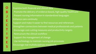 Examine both financial and clinical data
Promote the delivery of evidence-based, high-quality healthcare
Present nursing information in standardized languages
Enhance care continuity
Support and make it easier to find resources and references
Strengthen connections between medical professionals and patients
Encourage cost-cutting measures and productivity targets
Restructure the clinical workflow
Support the management of change
Use technology to maintain nursing job processes
Encourage real multidisciplinary treatment
O
B
J
E
C
T
I
V
E
S
 