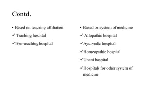 Contd.
• Based on teaching affiliation
 Teaching hospital
Non-teaching hospital
• Based on system of medicine
 Allopathic hospital
Ayurvedic hospital
Homeopathic hospital
Unani hospital
Hospitals for other system of
medicine
 