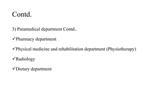 Contd.
3) Paramedical department Contd..
Pharmacy department
Physical medicine and rehabilitation department (Physiotherapy)
Radiology
Dietary department
 