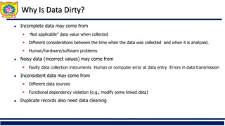 Incomplete data may come from
 “Not applicable” data value when collected
 Different considerations between the time when the data was collected and when it is analyzed.
 Human/hardware/software problems
 Noisy data (incorrect values) may come from
 Faulty data collection instruments Human or computer error at data entry Errors in data transmission
 Inconsistent data may come from
 Different data sources
 Functional dependency violation (e.g., modify some linked data)
 Duplicate records also need data cleaning
5
Why Is Data Dirty?
 