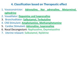 4. Classification based on Therapeutic effect
1. Vasoconstrictor: Adrenaline, Nor adrenaline, Metarminol,
ephedrine
2. Vasodilator: Dopamine and Isoprenaline
3. Bronchodilator: Salbutamol, Terbutaline
4. CNS Stimulant: Amphetamine, Methamphetamine
5. Cardiac Stimulant: Adrenaline, Isoprenaline
6. Nasal Decongestant: Naphazoline, Oxymetazoline
7. Uterine relaxant: Salbutamol, Nylidrine
 