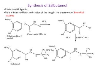 HOH2C
HO
H2
C
Cl
Cl
O
Chloro acetyl Chloride
2-Hydroxy Benzyl
alcohol
AlCl3
HOH2C
HO
H2
C
Cl
O
-HCl (CH3)3C-NH2
HOH2C
HO
H2
C
N
H
O
C
CH3
CH3
CH3
HOH2C
HO
H2
C
N
H
OH
C
CH3
CH3
CH3
MPV Red
Salbutamol
Synthesis of Salbutamol
Selective B2 Agonist
It is a Bronchodilator and choice of the drug in the treatment of Bronchial
Asthma
 