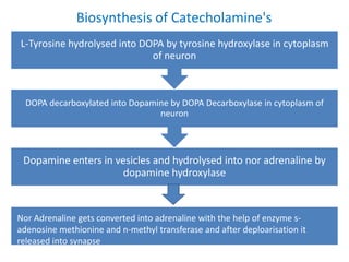 Biosynthesis of Catecholamine's
L-
Dopamine enters in vesicles and hydrolysed into nor adrenaline by
dopamine hydroxylase
DOPA decarboxylated into Dopamine by DOPA Decarboxylase in cytoplasm of
neuron
L-Tyrosine hydrolysed into DOPA by tyrosine hydroxylase in cytoplasm
of neuron
Nor Adrenaline gets converted into adrenaline with the help of enzyme s-
adenosine methionine and n-methyl transferase and after deploarisation it
released into synapse
 