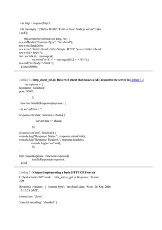 var http = require('http');
var messages = ['Hello World', 'From a basic Node.js server','Take
Luck'];
http.createServer(function (req, res) {
res.setHeader("Content-Type", "text/html");
res.writeHead(200);
res.write('<html><head><title>Simple HTTP Server</title></head
res.write('<body>');
for (var idx in messages){
res.write('n<h1>' + messages[idx] + '</h1>');}
res.end('n</body></html>');
}).listen(8080);
Listing 7.4 http_client_get.js: Basic web client that makes a GETrequestto the server in Listing 7.3
var options = {
hostname: 'localhost',
port: '8080',
};
function handleResponse(response) {
var serverData = '';
response.on('data', function (chunk) {
serverData += chunk;
});
response.on('end', function() {
console.log("Response Status:", response.statusCode);
console.log("Response Headers:", response.headers);
console.log(serverData);
});
}
http.request(options, function(response){
handleResponse(response);
}).end
Listing 7.4 Output Implementing a basic HTTP GETservice
C:booksnodech07>node http_server_get.js Response Status:
200
Response Headers: { 'content-type': 'text/html',date: 'Mon, 26 Sep 2016
17:10:33 GMT',
connection: 'close',
'transfer-encoding': 'chunked' }
 