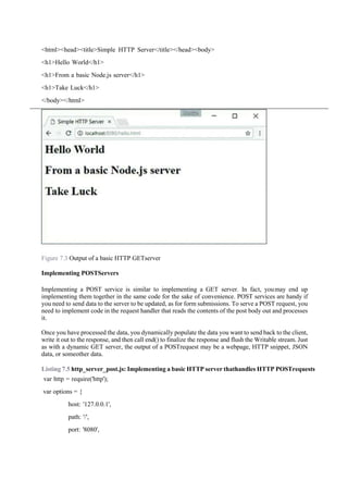 <html><head><title>Simple HTTP Server</title></head><body>
<h1>Hello World</h1>
<h1>From a basic Node.js server</h1>
<h1>Take Luck</h1>
</body></html>
Figure 7.3 Output of a basic HTTP GETserver
Implementing POSTServers
Implementing a POST service is similar to implementing a GET server. In fact, youmay end up
implementing them together in the same code for the sake of convenience. POST services are handy if
you need to send data to the server to be updated, as for form submissions. To serve a POST request, you
need to implement code in the request handler that reads the contents of the post body out and processes
it.
Once you have processed the data, you dynamically populate the data you want to send back to the client,
write it out to the response, and then call end() to finalize the response and flush the Writable stream. Just
as with a dynamic GET server, the output of a POSTrequest may be a webpage, HTTP snippet, JSON
data, or someother data.
Listing 7.5 http_server_post.js: Implementing a basic HTTP server thathandles HTTP POSTrequests
var http = require('http');
var options = {
host: '127.0.0.1',
path: '/',
port: '8080',
 