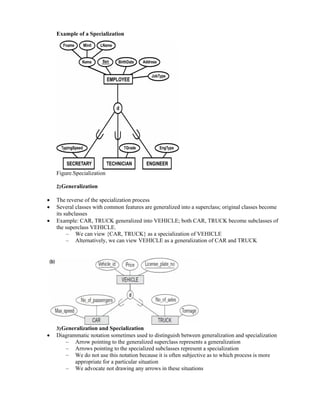 Example of a Specialization
Figure.Specialization
2)Generalization
 The reverse of the specialization process
 Several classes with common features are generalized into a superclass; original classes become
its subclasses
 Example: CAR, TRUCK generalized into VEHICLE; both CAR, TRUCK become subclasses of
the superclass VEHICLE.
– We can view {CAR, TRUCK} as a specialization of VEHICLE
– Alternatively, we can view VEHICLE as a generalization of CAR and TRUCK
3)Generalization and Specialization
 Diagrammatic notation sometimes used to distinguish between generalization and specialization
– Arrow pointing to the generalized superclass represents a generalization
– Arrows pointing to the specialized subclasses represent a specialization
– We do not use this notation because it is often subjective as to which process is more
appropriate for a particular situation
– We advocate not drawing any arrows in these situations
 