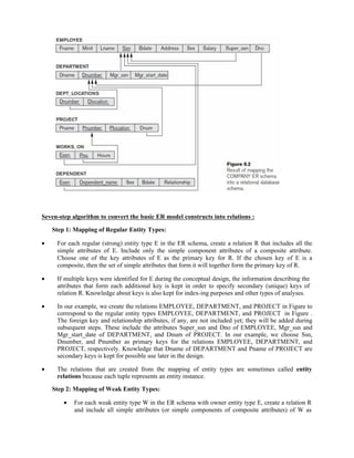 Seven-step algorithm to convert the basic ER model constructs into relations :
Step 1: Mapping of Regular Entity Types:
 For each regular (strong) entity type E in the ER schema, create a relation R that includes all the
simple attributes of E. Include only the simple component attributes of a composite attribute.
Choose one of the key attributes of E as the primary key for R. If the chosen key of E is a
composite, then the set of simple attributes that form it will together form the primary key of R.
 If multiple keys were identified for E during the conceptual design, the information describing the
attributes that form each additional key is kept in order to specify secondary (unique) keys of
relation R. Knowledge about keys is also kept for index-ing purposes and other types of analyses.
 In our example, we create the relations EMPLOYEE, DEPARTMENT, and PROJECT in Figure to
correspond to the regular entity types EMPLOYEE, DEPARTMENT, and PROJECT in Figure .
The foreign key and relationship attributes, if any, are not included yet; they will be added during
subsequent steps. These include the attributes Super_ssn and Dno of EMPLOYEE, Mgr_ssn and
Mgr_start_date of DEPARTMENT, and Dnum of PROJECT. In our example, we choose Ssn,
Dnumber, and Pnumber as primary keys for the relations EMPLOYEE, DEPARTMENT, and
PROJECT, respectively. Knowledge that Dname of DEPARTMENT and Pname of PROJECT are
secondary keys is kept for possible use later in the design.
 The relations that are created from the mapping of entity types are sometimes called entity
relations because each tuple represents an entity instance.
Step 2: Mapping of Weak Entity Types:
 For each weak entity type W in the ER schema with owner entity type E, create a relation R
and include all simple attributes (or simple components of composite attributes) of W as
 