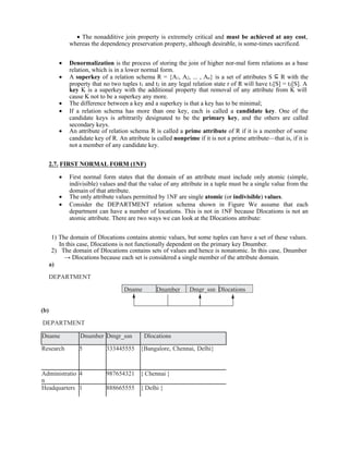 Dname Dnumber Dmgr_ssn Dlocations
 The nonadditive join property is extremely critical and must be achieved at any cost,
whereas the dependency preservation property, although desirable, is some-times sacrificed.
 Denormalization is the process of storing the join of higher nor-mal form relations as a base
relation, which is in a lower normal form.
 A superkey of a relation schema R = {A1, A2, ... , An} is a set of attributes S ⊆ R with the
property that no two tuples t1 and t2 in any legal relation state r of R will have t1[S] = t2[S]. A
key K is a superkey with the additional property that removal of any attribute from K will
cause K not to be a superkey any more.
 The difference between a key and a superkey is that a key has to be minimal;
 If a relation schema has more than one key, each is called a candidate key. One of the
candidate keys is arbitrarily designated to be the primary key, and the others are called
secondary keys.
 An attribute of relation schema R is called a prime attribute of R if it is a member of some
candidate key of R. An attribute is called nonprime if it is not a prime attribute—that is, if it is
not a member of any candidate key.
2.7. FIRST NORMAL FORM (1NF)
 First normal form states that the domain of an attribute must include only atomic (simple,
indivisible) values and that the value of any attribute in a tuple must be a single value from the
domain of that attribute.
 The only attribute values permitted by 1NF are single atomic (or indivisible) values.
 Consider the DEPARTMENT relation schema shown in Figure We assume that each
department can have a number of locations. This is not in 1NF because Dlocations is not an
atomic attribute. There are two ways we can look at the Dlocations attribute:
1) The domain of Dlocations contains atomic values, but some tuples can have a set of these values.
In this case, Dlocations is not functionally dependent on the primary key Dnumber.
2) The domain of Dlocations contains sets of values and hence is nonatomic. In this case, Dnumber
→ Dlocations because each set is considered a single member of the attribute domain.
a)
DEPARTMENT
(b)
DEPARTMENT
Dname Dnumber Dmgr_ssn Dlocations
Research 5 333445555 {Bangalore, Chennai, Delhi}
Administratio
n
4 987654321 { Chennai }
Headquarters 1 888665555 { Delhi }
 