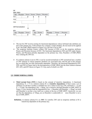  The test for 2NF involves testing for functional dependencies whose left-hand side attributes are
part of the primary key. If the primary key contains a single attribute, the test need not be applied
at all. The EMP_PROJ relation in Figure is in 1NF but is not in 2NF.
 The nonprime attribute Ename violates 2NF because of FD2, as do the nonprime attributes
Pname and Plocation because of FD3. The functional dependencies FD2 and FD3 make Ename,
Pname, and Plocation partially dependent on the primary key {Ssn, Pnumber} of EMP_PROJ,
thus violating the 2NF test.
 If a relation schema is not in 2NF, it can be second normalized or 2NF normalized into a number
of 2NF relations in which nonprime attributes are associated only with the part of the primary
key on which they are fully functionally dependent. Therefore, the functional dependencies FD1,
FD2, and FD3 in Figure lead to the decomposition of EMP_PROJ into the three relation schemas
EP1, EP2, and EP3 shown in Figure 15.11(a), each of which is in 2NF.
2.9. THIRD NORMAL FORM:
 Third normal form (3NF) is based on the concept of transitive dependency. A functional
dependency X → Y in a relation schema R is a transitive dependency if there exists a set of
attributes Z in R that is neither a candidate key nor a subset of any key of R, and both X → Z and
Z → Y hold. The dependency Ssn → Dmgr_ssn is transitive through Dnumber in EMP_DEPT in
Figure 15.3(a), because both the dependencies Ssn → Dnumber and Dnumber → Dmgr_ssn hold
and Dnumber is nei-ther a key itself nor a subset of the key of EMP_DEPT. Intuitively, we can
see that the dependency of Dmgr_ssn on Dnumber is undesirable in since Dnumber is not a
key of EMP_DEPT.
Definition. A relation schema R is in 3NF if it satisfies 2NF and no nonprime attribute of R is
transitively dependent on the primary key.
 