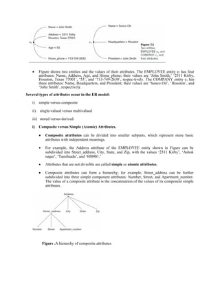  Figure shows two entities and the values of their attributes. The EMPLOYEE entity e1 has four
attributes: Name, Address, Age, and Home_phone; their values are ‘John Smith,’ ‘2311 Kirby,
Houston, Texas 77001’, ‘55’, and ‘713-749-2630’, respec-tively. The COMPANY entity c1 has
three attributes: Name, Headquarters, and President; their values are ‘Sunco Oil’, ‘Houston’, and
‘John Smith’, respectively.
Several types of attributes occur in the ER model:
i) simple versus composite
ii) single-valued versus multivalued
iii) stored versus derived.
i) Composite versus Simple (Atomic) Attributes.
 Composite attributes can be divided into smaller subparts, which represent more basic
attributes with independent meanings.
 For example, the Address attribute of the EMPLOYEE entity shown in Figure can be
subdivided into Street_address, City, State, and Zip, with the values ‘2311 Kirby’, ‘Ashok
nagar’, ‘Tamilnadu’, and ‘600001.’
 Attributes that are not divisible are called simple or atomic attributes.
 Composite attributes can form a hierarchy; for example, Street_address can be further
subdivided into three simple component attributes: Number, Street, and Apartment_number.
The value of a composite attribute is the concatenation of the values of its component simple
attributes.
Figure .A hierarchy of composite attributes.
 