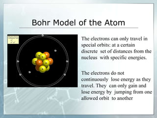 Bohr Model of the Atom
The electrons can only travel in
special orbits: at a certain
discrete set of distances from the
nucleus with specific energies.
The electrons do not
continuously lose energy as they
travel. They can only gain and
lose energy by jumping from one
allowed orbit to another
 