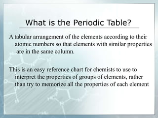 What is the Periodic Table?
A tabular arrangement of the elements according to their
atomic numbers so that elements with similar properties
are in the same column.
This is an easy reference chart for chemists to use to
interpret the properties of groups of elements, rather
than try to memorize all the properties of each element
 