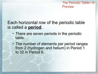 Each horizontal row of the periodic table
is called a period.
• There are seven periods in the periodic
table.
• The number of elements per period ranges
from 2 (hydrogen and helium) in Period 1
to 32 in Period 6.
The Periodic Table—A
Preview
 