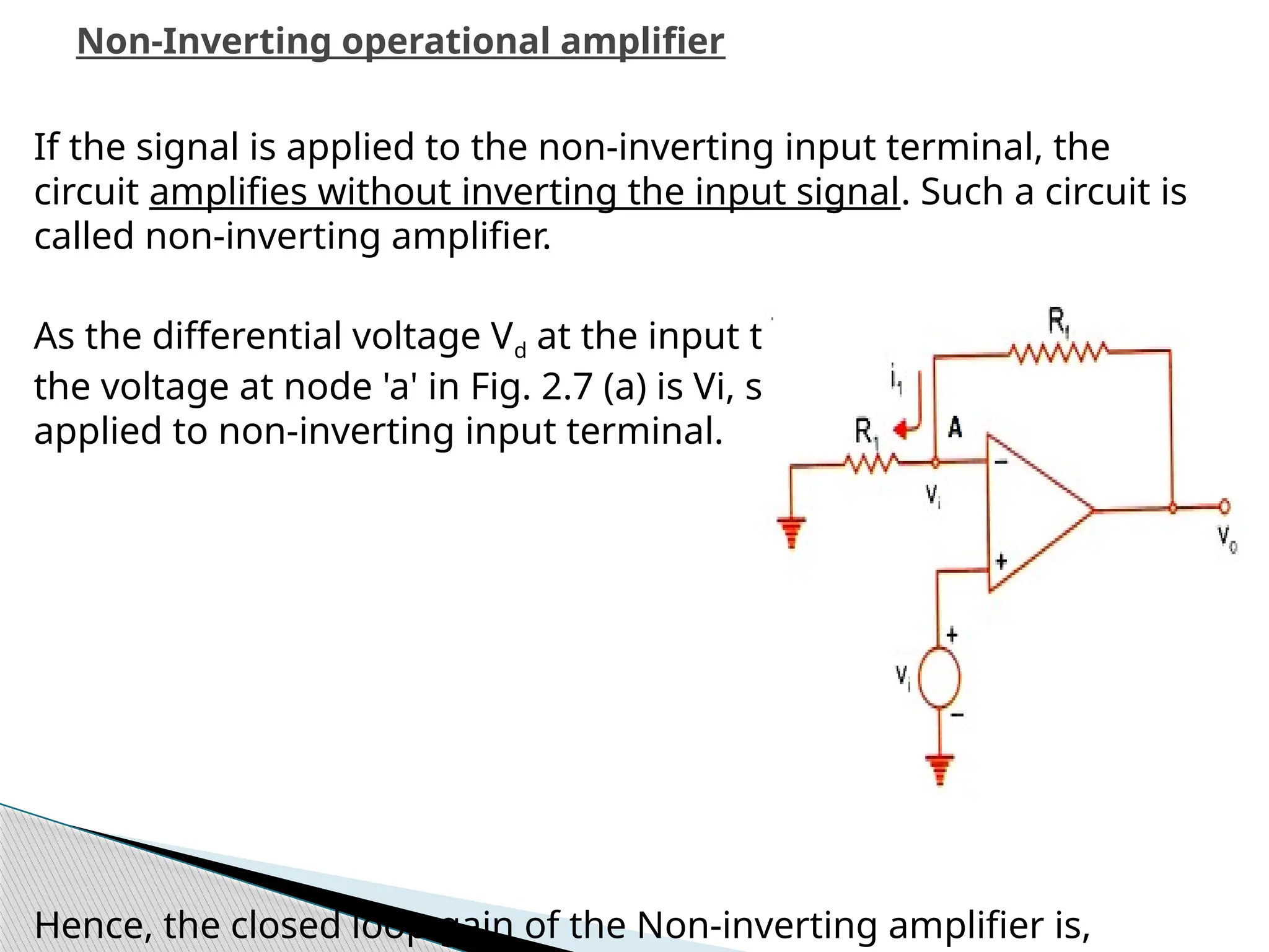 If the signal is applied to the non-inverting input terminal, the
circuit amplifies without inverting the input signal. Such a circuit is
called non-inverting amplifier.
As the differential voltage Vd at the input terminal of op-amp is zero,
the voltage at node 'a' in Fig. 2.7 (a) is Vi, same as the input voltage
applied to non-inverting input terminal.
Hence, the closed loop gain of the Non-inverting amplifier is,
Non-Inverting operational amplifier
 