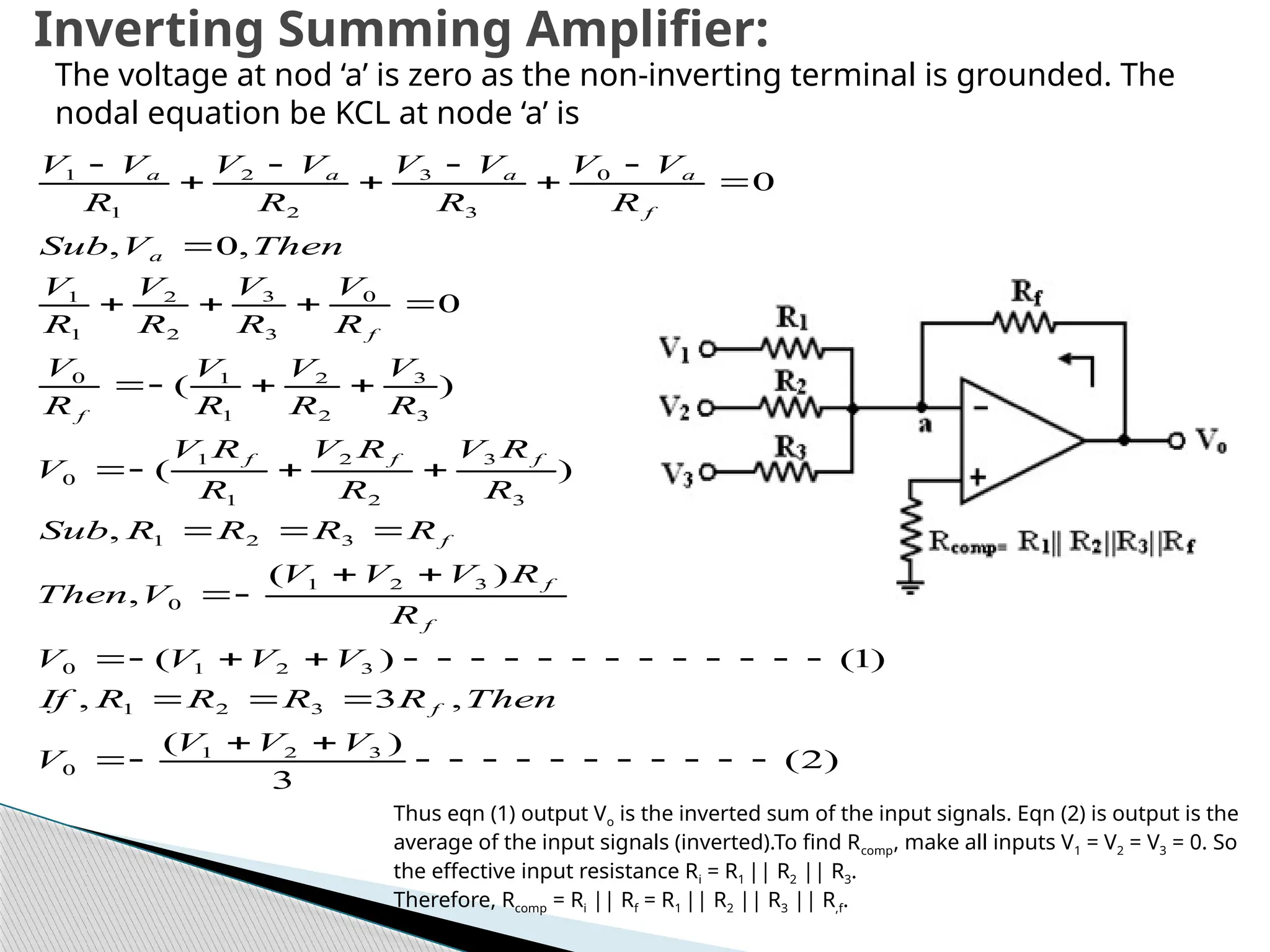 )
2
(
3
)
(
,
3
,
)
1
(
)
(
)
(
,
,
)
(
)
(
0
,
0
,
0
3
2
1
0
3
2
1
3
2
1
0
3
2
1
0
3
2
1
3
3
2
2
1
1
0
3
3
2
2
1
1
0
0
3
3
2
2
1
1
0
3
3
2
2
1
1































































V
V
V
V
Then
R
R
R
R
If
V
V
V
V
R
R
V
V
V
V
Then
R
R
R
R
Sub
R
R
V
R
R
V
R
R
V
V
R
V
R
V
R
V
R
V
R
V
R
V
R
V
R
V
Then
V
Sub
R
V
V
R
V
V
R
V
V
R
V
V
f
f
f
f
f
f
f
f
f
a
f
a
a
a
a
The voltage at nod ‘a’ is zero as the non-inverting terminal is grounded. The
nodal equation be KCL at node ‘a’ is
Thus eqn (1) output Vo is the inverted sum of the input signals. Eqn (2) is output is the
average of the input signals (inverted).To find Rcomp, make all inputs V1 = V2 = V3 = 0. So
the effective input resistance Ri = R1 || R2 || R3.
Therefore, Rcomp = Ri || Rf = R1 || R2 || R3 || R,f.
Inverting Summing Amplifier:
 
