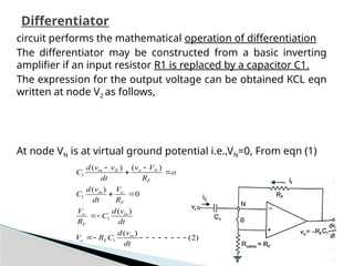 circuit performs the mathematical operation of differentiation
The differentiator may be constructed from a basic inverting
amplifier if an input resistor R1 is replaced by a capacitor C1.
The expression for the output voltage can be obtained KCL eqn
written at node V2 as follows,
At node VN is at virtual ground potential i.e.,VN=0, From eqn (1)
Differentiator
)
2
(
)
(
)
(
0
)
(
)
(
)
(
1
1
1
1


















dt
v
d
C
R
V
dt
v
d
C
R
V
R
V
dt
v
d
C
o
R
V
v
dt
v
v
d
C
in
F
o
in
F
o
F
o
in
F
N
o
N
in
 