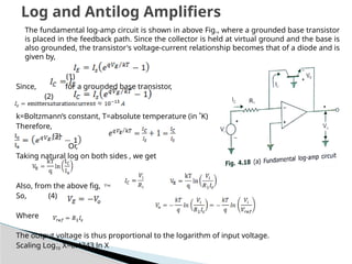 The fundamental log-amp circuit is shown in above Fig., where a grounded base transistor
is placed in the feedback path. Since the collector is held at virtual ground and the base is
also grounded, the transistor's voltage-current relationship becomes that of a diode and is
given by,
(1)
Since, for a grounded base transistor,
(2)
k=Boltzmann’s constant, T=absolute temperature (in ˚K)
Therefore,
(3)
Or,
Taking natural log on both sides , we get
Also, from the above fig, 
So, (4)
Where
The output voltage is thus proportional to the logarithm of input voltage.
Scaling Log10 X=0.4343 ln X
Log and Antilog Amplifiers
 