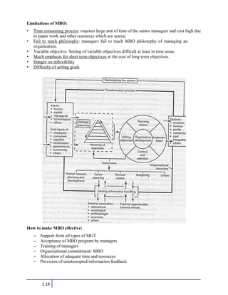 2.18
Limitations of MBO:
• Time consuming process: requires large amt of time of the senior managers and cost high due
to paper work and other resources which are scarce.
• Fail to teach philosophy: managers fail to teach MBO philosophy of managing an
organization.
• Variable objective: Setting of variable objectives difficult at least in time areas.
• Much emphasis for short term objectives at the cost of long term objectives.
• Danger on inflexibility
• Difficulty of setting goals
How to make MBO effective:
– Support from all types of MGT
– Acceptance of MBO program by managers
– Training of managers
– Organizational commitment: MBO
– Allocation of adequate time and resources
– Provision of uninterrupted information feedback
 