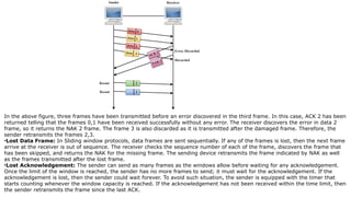 In the above figure, three frames have been transmitted before an error discovered in the third frame. In this case, ACK 2 has been
returned telling that the frames 0,1 have been received successfully without any error. The receiver discovers the error in data 2
frame, so it returns the NAK 2 frame. The frame 3 is also discarded as it is transmitted after the damaged frame. Therefore, the
sender retransmits the frames 2,3.
•Lost Data Frame: In Sliding window protocols, data frames are sent sequentially. If any of the frames is lost, then the next frame
arrive at the receiver is out of sequence. The receiver checks the sequence number of each of the frame, discovers the frame that
has been skipped, and returns the NAK for the missing frame. The sending device retransmits the frame indicated by NAK as well
as the frames transmitted after the lost frame.
•Lost Acknowledgement: The sender can send as many frames as the windows allow before waiting for any acknowledgement.
Once the limit of the window is reached, the sender has no more frames to send; it must wait for the acknowledgement. If the
acknowledgement is lost, then the sender could wait forever. To avoid such situation, the sender is equipped with the timer that
starts counting whenever the window capacity is reached. If the acknowledgement has not been received within the time limit, then
the sender retransmits the frame since the last ACK.
 