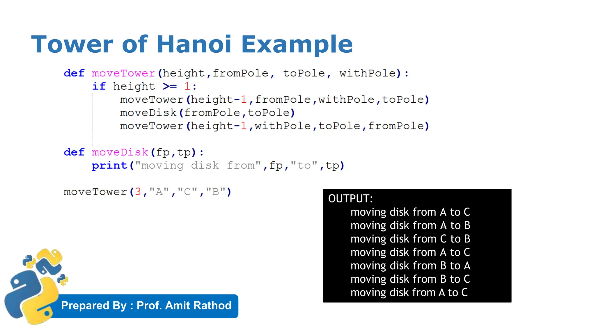 Prepared By : Prof. Amit Rathod
Tower of Hanoi Example
OUTPUT:
moving disk from A to C
moving disk from A to B
moving disk from C to B
moving disk from A to C
moving disk from B to A
moving disk from B to C
moving disk from A to C
 