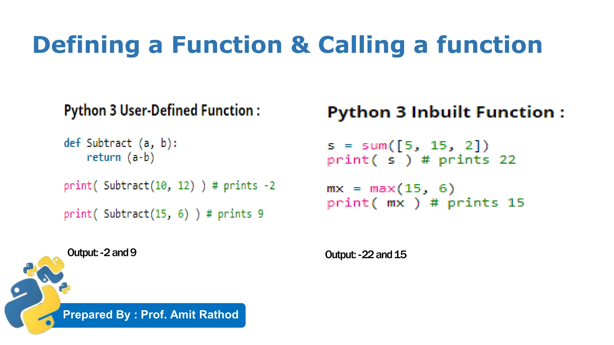 Prepared By : Prof. Amit Rathod
Defining a Function & Calling a function
Output: -2and9 Output: -22and15
 
