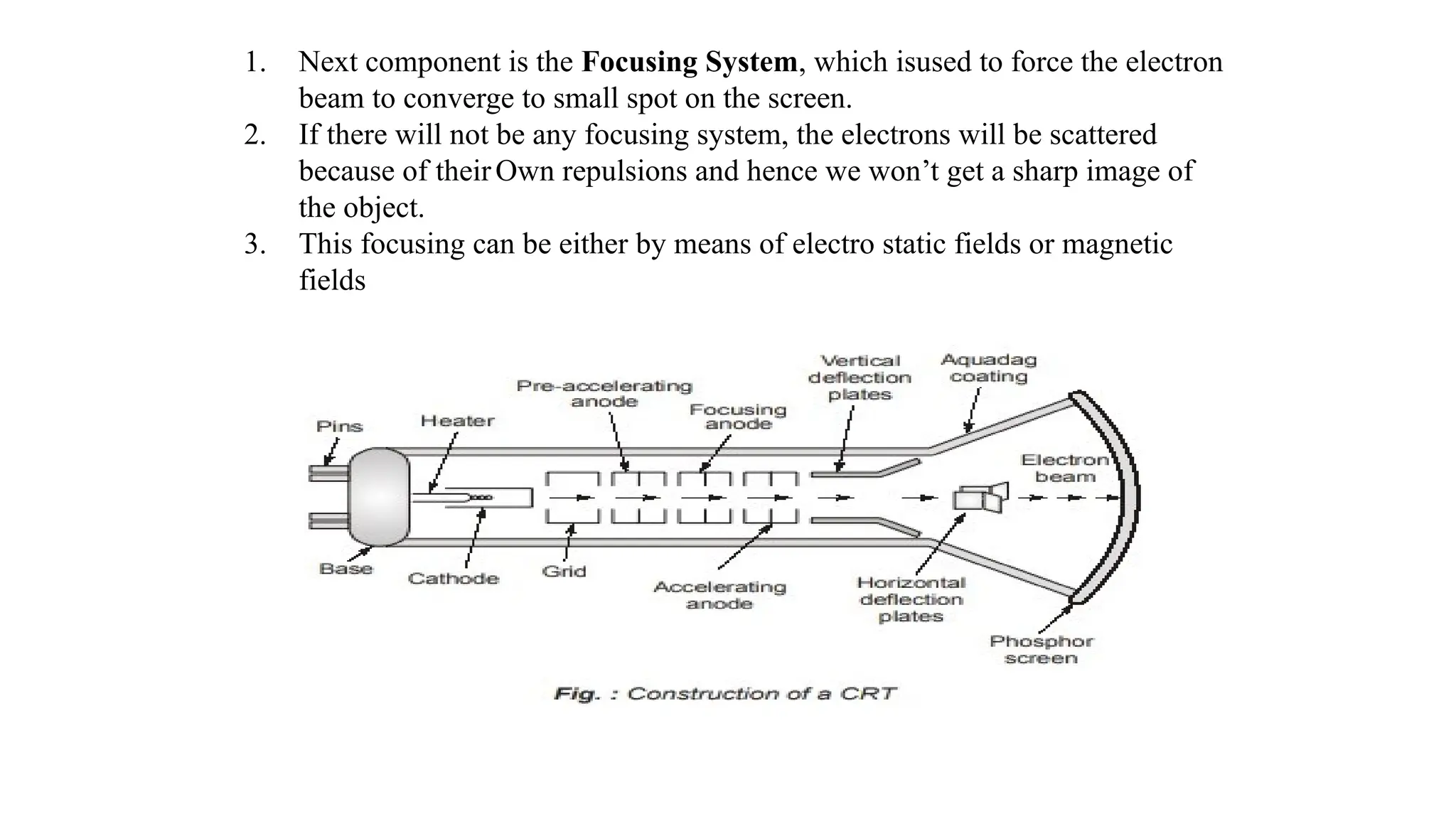 1. Next component is the Focusing System, which isused to force the electron
beam to converge to small spot on the screen.
2. If there will not be any focusing system, the electrons will be scattered
because of theirOwn repulsions and hence we won’t get a sharp image of
the object.
3. This focusing can be either by means of electro static fields or magnetic
fields
 