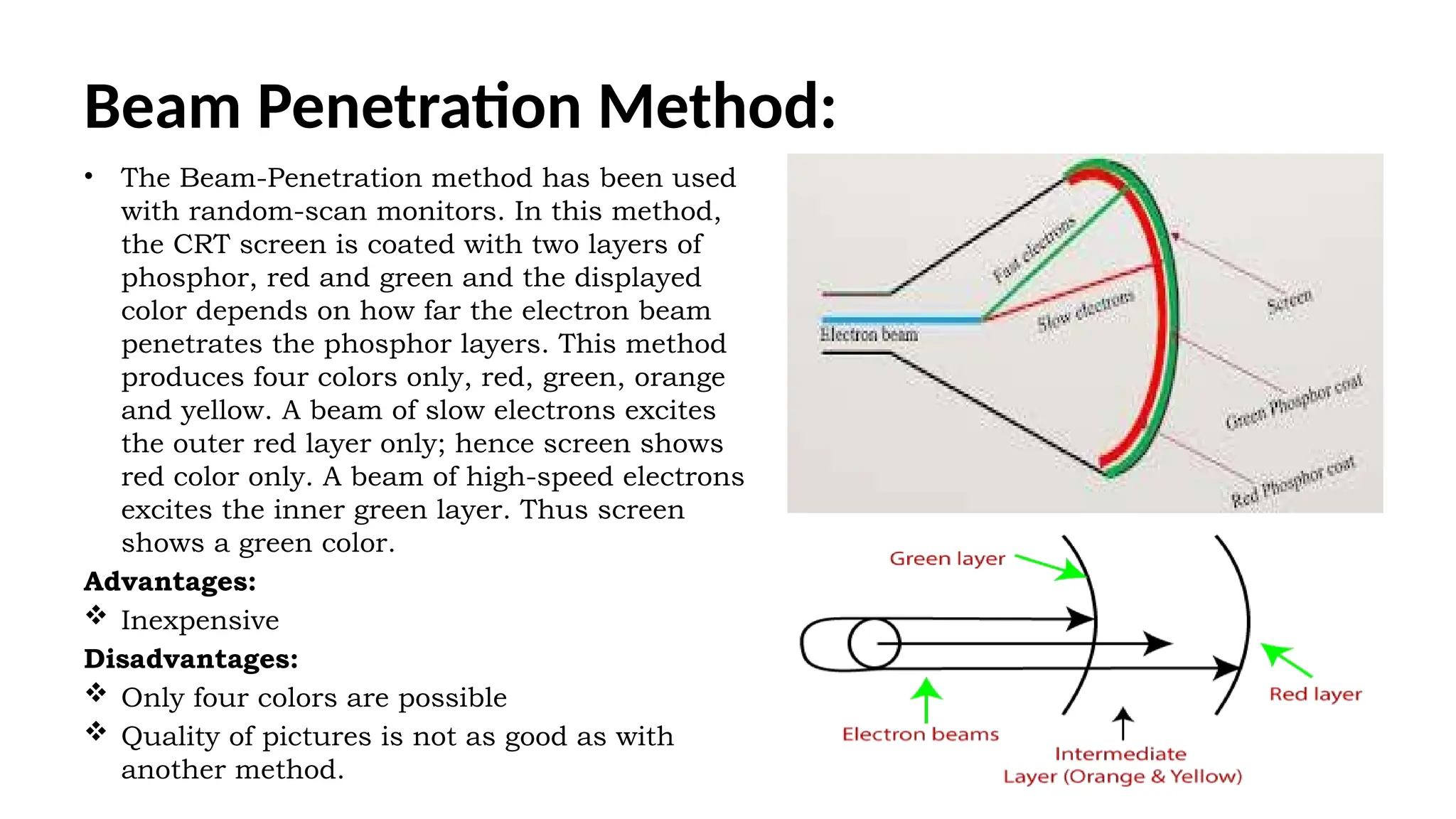 Beam Penetration Method:
• The Beam-Penetration method has been used
with random-scan monitors. In this method,
the CRT screen is coated with two layers of
phosphor, red and green and the displayed
color depends on how far the electron beam
penetrates the phosphor layers. This method
produces four colors only, red, green, orange
and yellow. A beam of slow electrons excites
the outer red layer only; hence screen shows
red color only. A beam of high-speed electrons
excites the inner green layer. Thus screen
shows a green color.
Advantages:
 Inexpensive
Disadvantages:
 Only four colors are possible
 Quality of pictures is not as good as with
another method.
 
