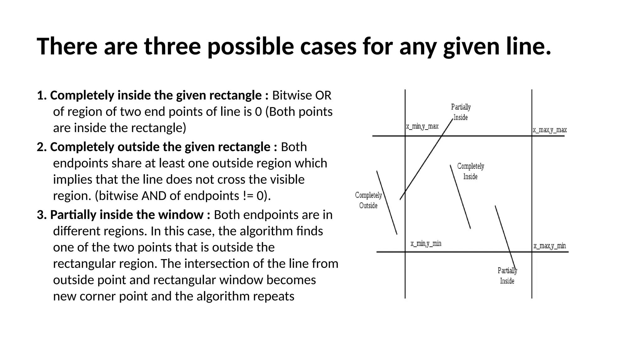There are three possible cases for any given line.
1. Completely inside the given rectangle : Bitwise OR
of region of two end points of line is 0 (Both points
are inside the rectangle)
2. Completely outside the given rectangle : Both
endpoints share at least one outside region which
implies that the line does not cross the visible
region. (bitwise AND of endpoints != 0).
3. Partially inside the window : Both endpoints are in
different regions. In this case, the algorithm finds
one of the two points that is outside the
rectangular region. The intersection of the line from
outside point and rectangular window becomes
new corner point and the algorithm repeats
 
