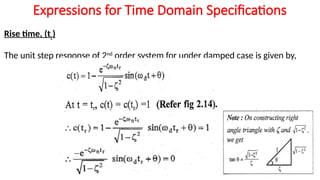 Expressions for Time Domain Specifications
Rise time, (tr)
The unit step response of 2nd
order system for under damped case is given by,
 