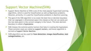 Support Vector Machine(SVM)
 Support Vector Machine or SVM is one of the most popular Supervised Learning
algorithms, which is used for Classification as well as Regression problems.
However, primarily, it is used for Classification problems in Machine Learning.
 The goal of the SVM algorithm is to create the best line or decision boundary
that can segregate n-dimensional space into classes so that we can easily put
the new data point in the correct category in the future. This best decision
boundary is called a hyperplane.
 SVM chooses the extreme points/vectors that help in creating the hyperplane.
These extreme cases are called as support vectors, and hence algorithm is
termed as Support Vector Machine.
 SVM algorithm can be used for Face detection, image classification, text
categorization, etc.
 