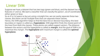 Linear SVM
Suppose we have a dataset that has two tags (green and blue), and the dataset has two
features x1 and x2. We want a classifier that can classify the pair(x1, x2) of coordinates in
either green or blue.
So as it is 2-d space so by just using a straight line, we can easily separate these two
classes. But there can be multiple lines that can separate these classes.
Hence, the SVM algorithm helps to find the best line or decision boundary; this best
boundary or region is called as a hyperplane. SVM algorithm finds the closest point of
the lines from both the classes. These points are called support vectors. The distance
between the vectors and the hyperplane is called as margin. And the goal of SVM is to
maximize this margin. The hyperplane with maximum margin is called the optimal
hyperplane.
 