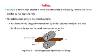 • Rolling is a deformation process in which work thickness is reduced by compressive forces
exerted by two opposing rolls
• The rotating rolls perform two main functions:
• Pull the work into the gap between them by friction between workpart and rolls
• Simultaneously squeeze the work to reduce cross section
Figure 19.1 The rolling process (specifically, flat rolling)
‑
Rolling
 