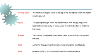 Pouring basin A small funnel shaped cavity at the top of the mould into which the molten
metal is poured.
Sprue The passage through which the molten metal, from the pouring basin,
reaches the mould cavity. In many cases it controls the flow of metal into
the mould.
Runner The channel through which the molten metal is carried from the sprue to
the gate.
Gate A channel through which the molten metal enters the mould cavity.
Riser An extra cavity to store additional metal to prevent shrinkage
 