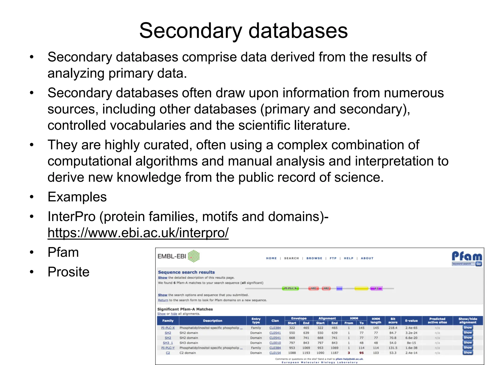 Secondary databases
• Secondary databases comprise data derived from the results of
analyzing primary data.
• Secondary databases often draw upon information from numerous
sources, including other databases (primary and secondary),
controlled vocabularies and the scientific literature.
• They are highly curated, often using a complex combination of
computational algorithms and manual analysis and interpretation to
derive new knowledge from the public record of science.
• Examples
• InterPro (protein families, motifs and domains)-
https://www.ebi.ac.uk/interpro/
• Pfam
• Prosite
 
