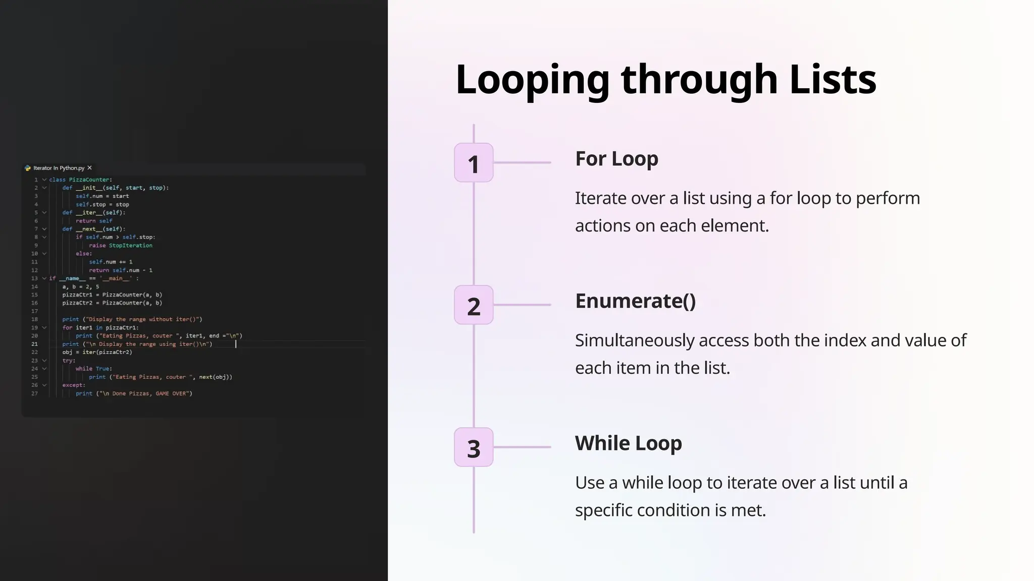 Looping through Lists
1 For Loop
Iterate over a list using a for loop to perform
actions on each element.
2 Enumerate()
Simultaneously access both the index and value of
each item in the list.
3 While Loop
Use a while loop to iterate over a list until a
specific condition is met.
 