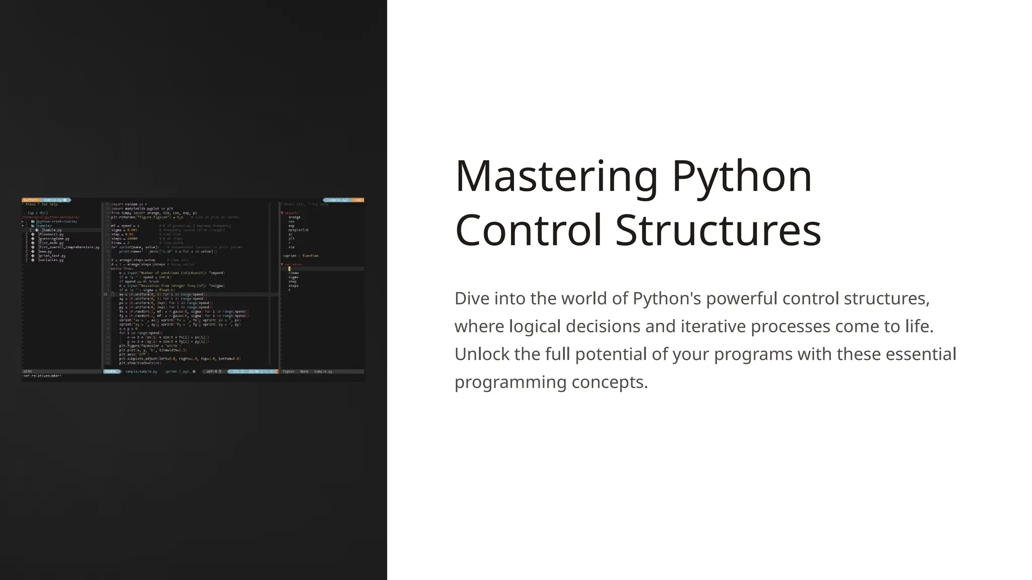 Mastering Python
Control Structures
Dive into the world of Python's powerful control structures,
where logical decisions and iterative processes come to life.
Unlock the full potential of your programs with these essential
programming concepts.
 