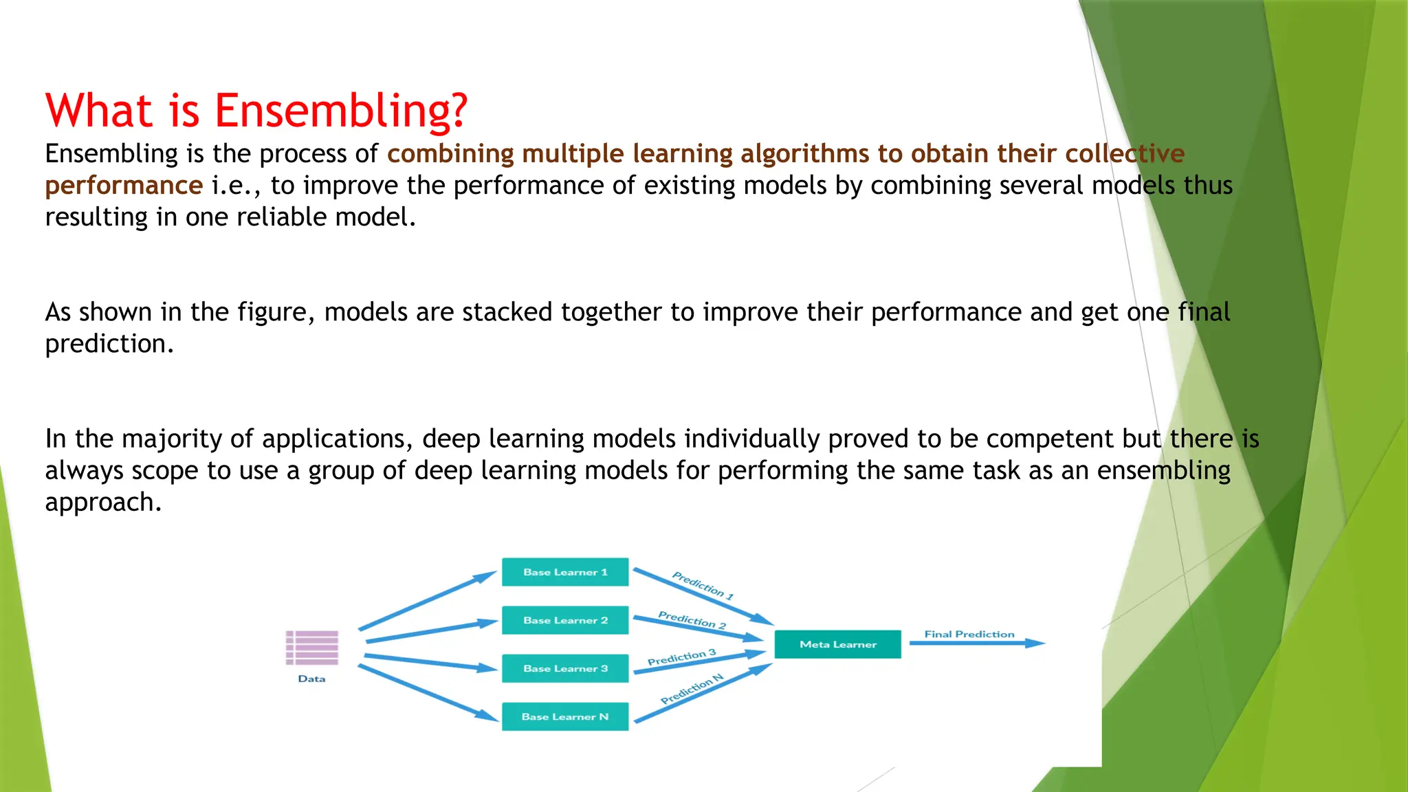 What is Ensembling?
Ensembling is the process of combining multiple learning algorithms to obtain their collective
performance i.e., to improve the performance of existing models by combining several models thus
resulting in one reliable model.
As shown in the figure, models are stacked together to improve their performance and get one final
prediction.
In the majority of applications, deep learning models individually proved to be competent but there is
always scope to use a group of deep learning models for performing the same task as an ensembling
approach.
 