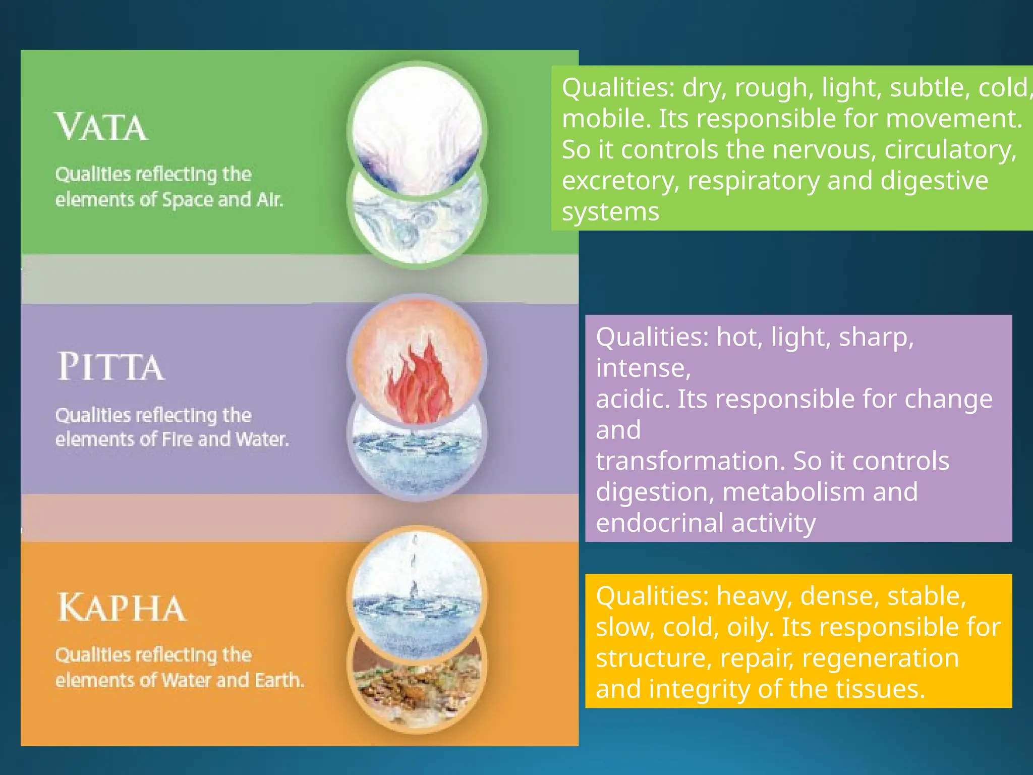 Qualities: dry, rough, light, subtle, cold,
mobile. Its responsible for movement.
So it controls the nervous, circulatory,
excretory, respiratory and digestive
systems
Qualities: hot, light, sharp,
intense,
acidic. Its responsible for change
and
transformation. So it controls
digestion, metabolism and
endocrinal activity
Qualities: heavy, dense, stable,
slow, cold, oily. Its responsible for
structure, repair, regeneration
and integrity of the tissues.
 
