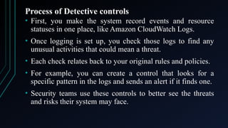 Process of Detective controls
• First, you make the system record events and resource
statuses in one place, like Amazon CloudWatch Logs.
• Once logging is set up, you check those logs to find any
unusual activities that could mean a threat.
• Each check relates back to your original rules and policies.
• For example, you can create a control that looks for a
specific pattern in the logs and sends an alert if it finds one.
• Security teams use these controls to better see the threats
and risks their system may face.
 