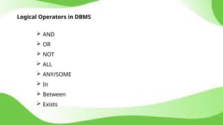 Oprators In Dbms Image Relational algebra and calculus in Database management system | PPTX