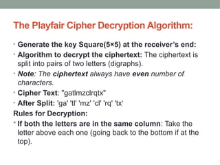 The Playfair Cipher Decryption Algorithm:
• Generate the key Square(5×5) at the receiver’s end:
• Algorithm to decrypt the ciphertext: The ciphertext is
split into pairs of two letters (digraphs).
• Note: The ciphertext always have even number of
characters.
• Cipher Text: "gatlmzclrqtx"
• After Split: 'ga' 'tl' 'mz' 'cl' 'rq' 'tx‘
Rules for Decryption:
 If both the letters are in the same column: Take the
letter above each one (going back to the bottom if at the
top).
 