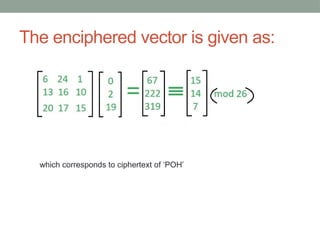 The enciphered vector is given as:
which corresponds to ciphertext of ‘POH’
 