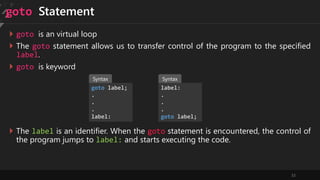 33
goto Statement
 goto is an virtual loop
 The goto statement allows us to transfer control of the program to the specified
label.
 goto is keyword
goto label;
.
.
.
label:
 The label is an identifier. When the goto statement is encountered, the control of
the program jumps to label: and starts executing the code.
label:
.
.
.
goto label;
Syntax Syntax
 