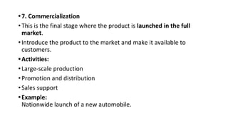 •7. Commercialization
•This is the final stage where the product is launched in the full
market.
•Introduce the product to the market and make it available to
customers.
•Activities:
•Large-scale production
•Promotion and distribution
•Sales support
•Example:
Nationwide launch of a new automobile.
 