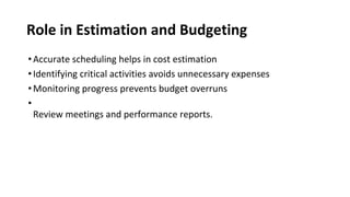 Role in Estimation and Budgeting
•Accurate scheduling helps in cost estimation
•Identifying critical activities avoids unnecessary expenses
•Monitoring progress prevents budget overruns
•
Review meetings and performance reports.
 