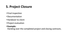 5. Project Closure
•Final inspection
•Documentation
•Handover to client
•Project evaluation
•Example:
Handing over the completed project and closing contracts.
 