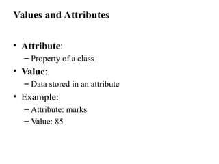 Values and Attributes
• Attribute:
– Property of a class
• Value:
– Data stored in an attribute
• Example:
– Attribute: marks
– Value: 85
 