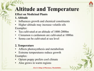 Altitude and Temperature
Effect on Medicinal Plants
1. Altitude
• Influences growth and chemical constituents
• Higher altitude may increase volatile oils
Examples:
• Tea cultivated at an altitude of 1000-2000m
• Cinnamon n cardamom are cultivated at 1000m
• Senna can be cultivated at sea level
2. Temperature
• Affects photosynthesis and metabolism
• Extreme temperatures reduce growth
Examples:
• Opium poppy prefers cool climate
• Aloe grows in warm regions
Alva's College of Pharmacy, Moodubidire 16
 