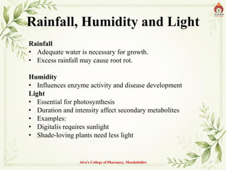 Rainfall, Humidity and Light
Rainfall
• Adequate water is necessary for growth.
• Excess rainfall may cause root rot.
Humidity
• Influences enzyme activity and disease development
Light
• Essential for photosynthesis
• Duration and intensity affect secondary metabolites
• Examples:
• Digitalis requires sunlight
• Shade-loving plants need less light
Alva's College of Pharmacy, Moodubidire 17
 